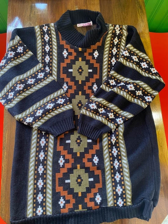 None Sweaters - Black Turtleneck Tunic Sweater with Earth-Tone Fair Isle Pattern
